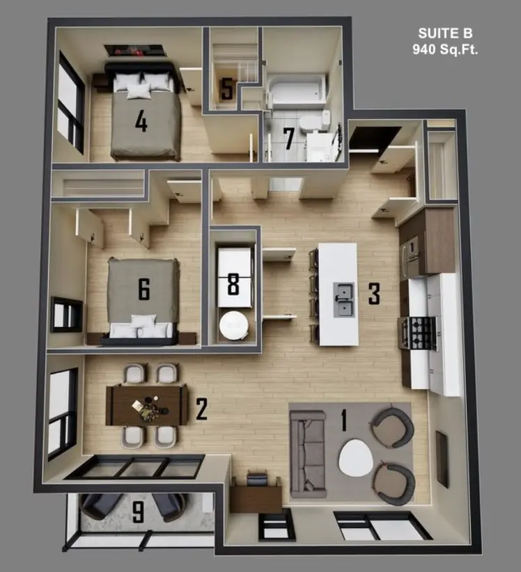Suite B floor plan — 940 sq.ft.
