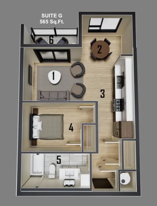 Suite G floor plan — 565 sq.ft.